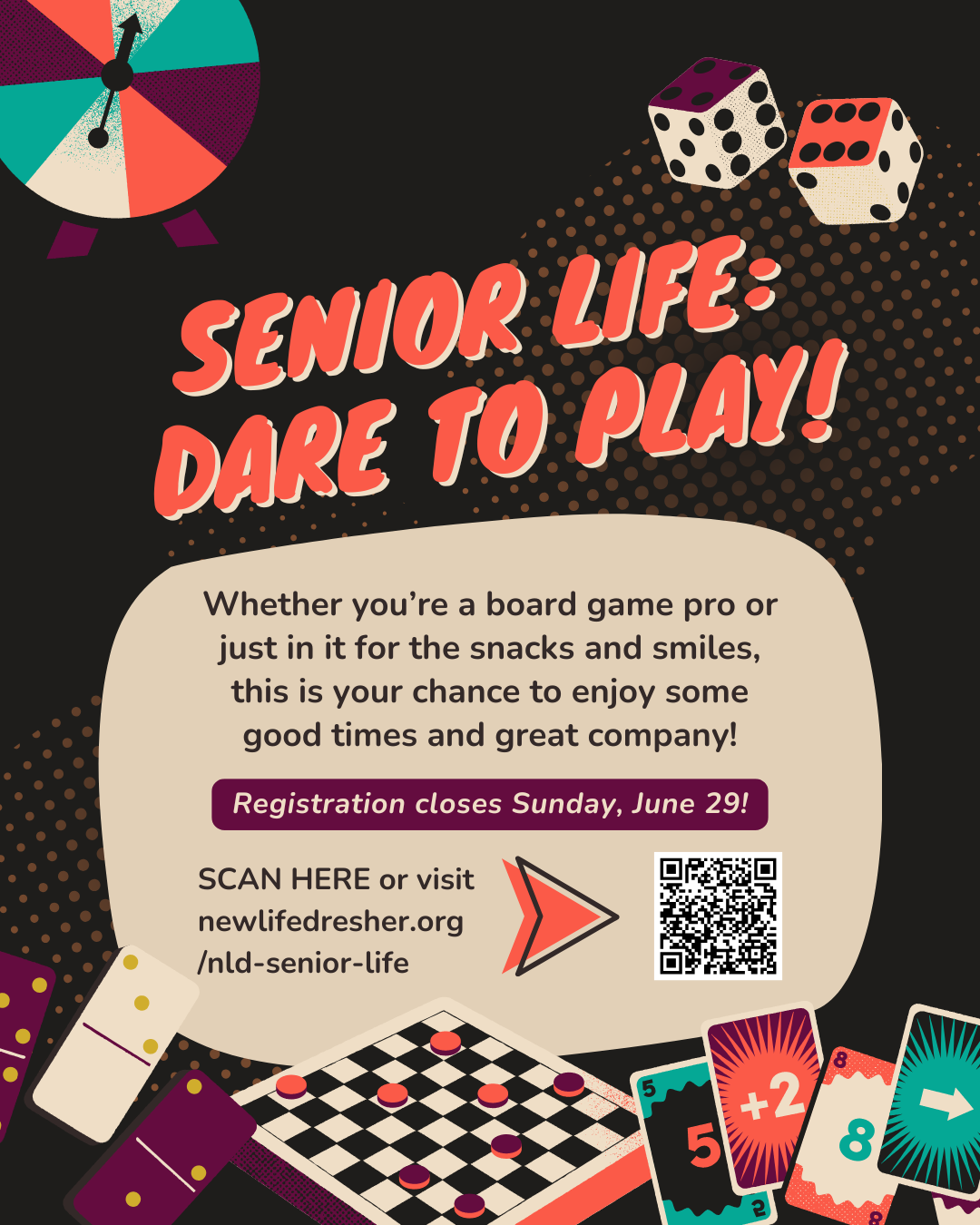Senior life game night take 3 dare to play graphic